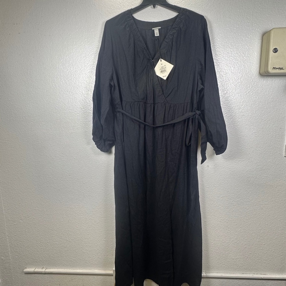 Universal Thread Womens 3X Black Linen Blend Midi Dress V-Neck Long Sleeve NWT